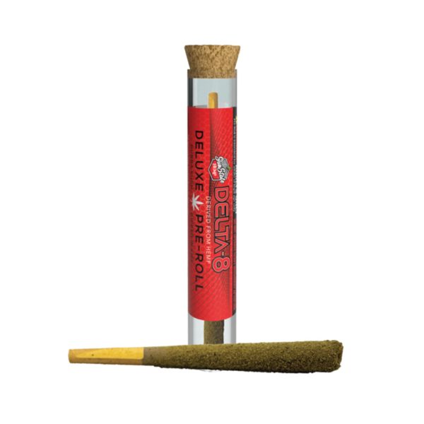 Deluxe Pre-Roll Outside of Container with the Container in Background | 50mg