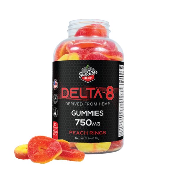 Open Jar of Delta-8 Gummies | Peach Ring | 750mg